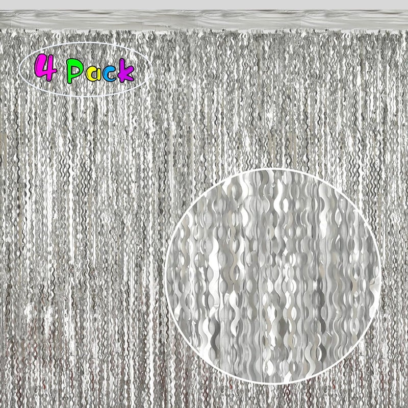 KEEUH 4 Pack 3.3x6.6ft Silver Foil Fringe Backdrop - Wavy Metallic Tinsel Foil Curtains Photo Booth Backdrop for Birthday Wedding Holiday | Silver Streamers Celebration Bachelorette Party Decorations - Image 2